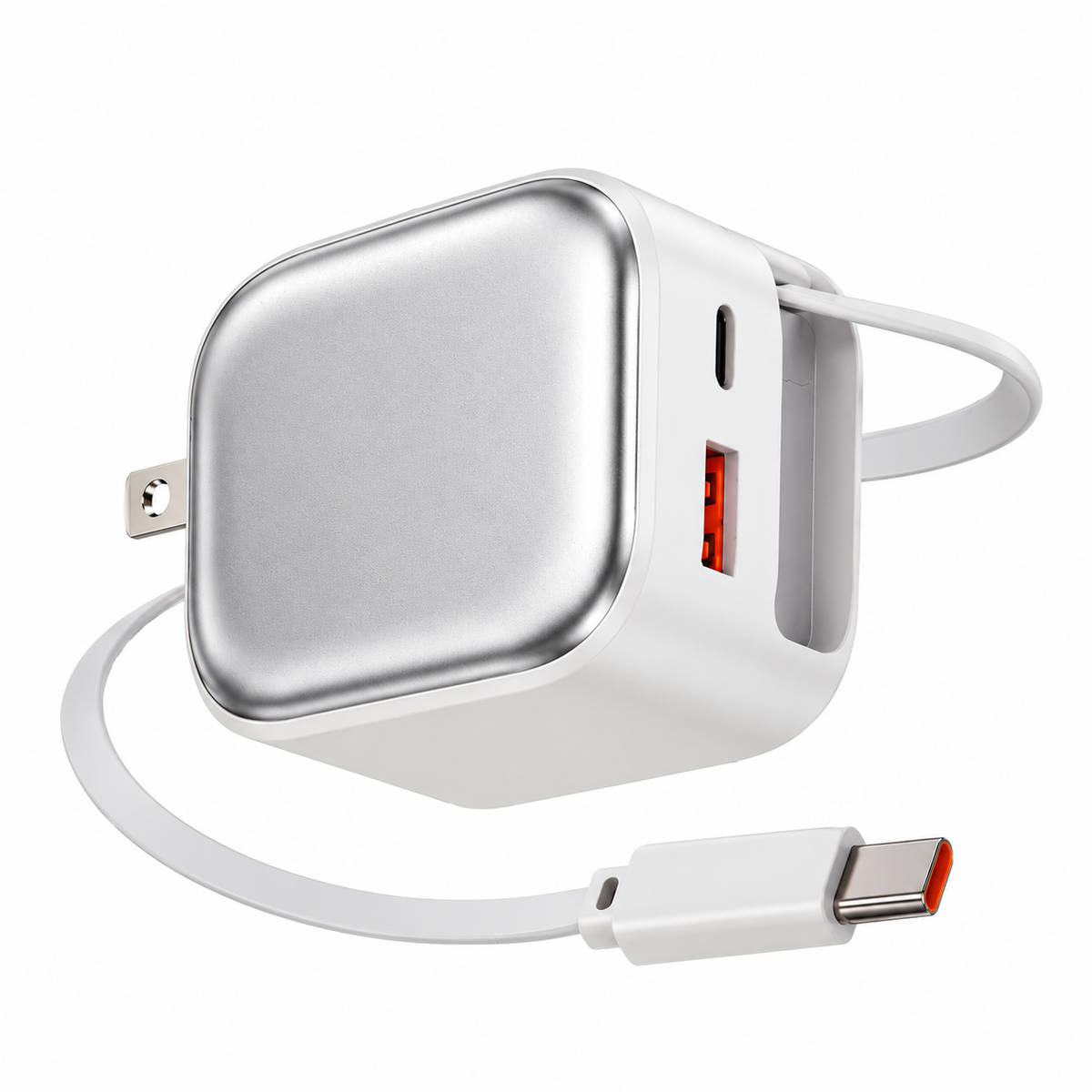 VoltFusion Pro GaN charger with retractable Type-C cable, USB-C and USB-A ports