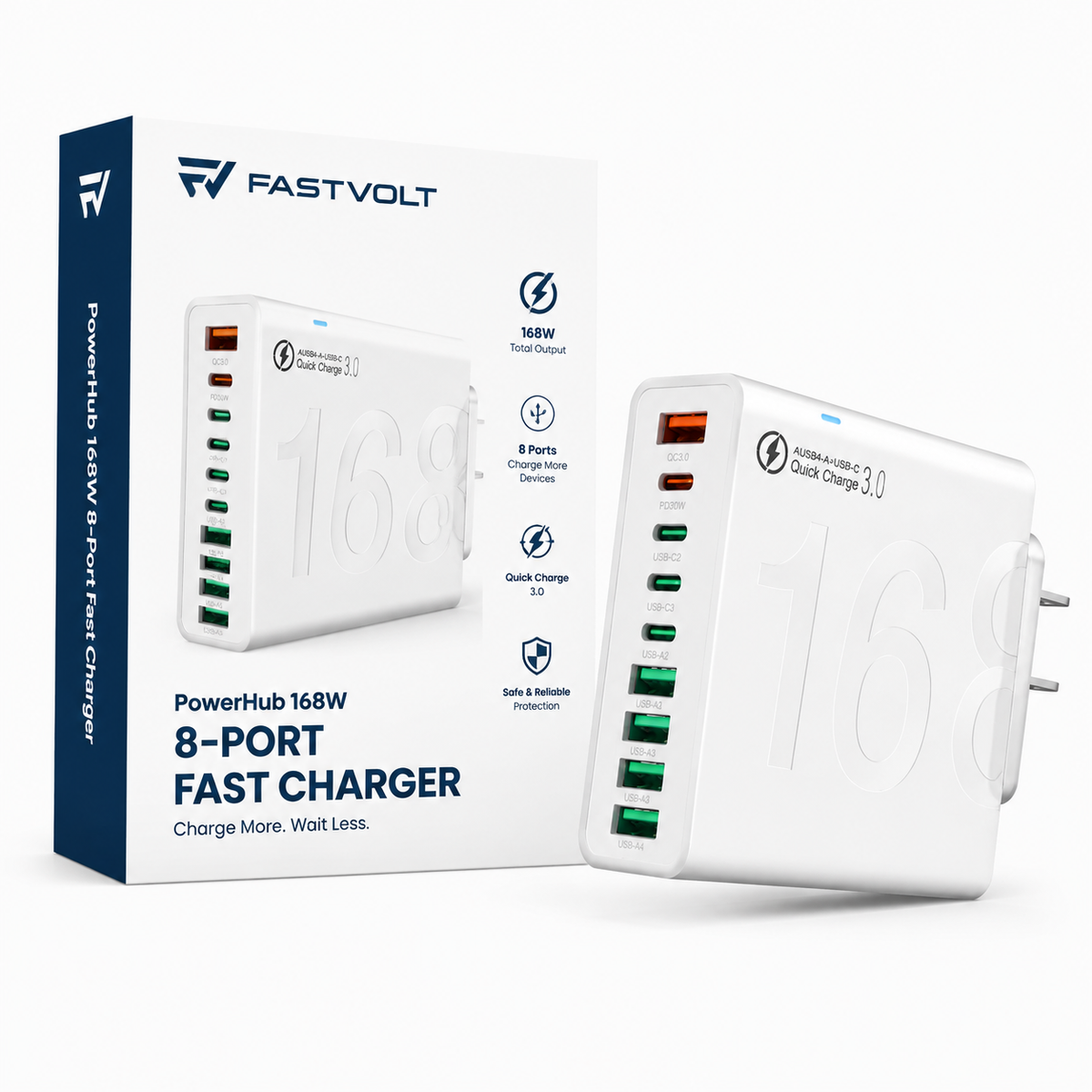 FastVolt 8-port super charger with 4 USB and 4 Type-C ports