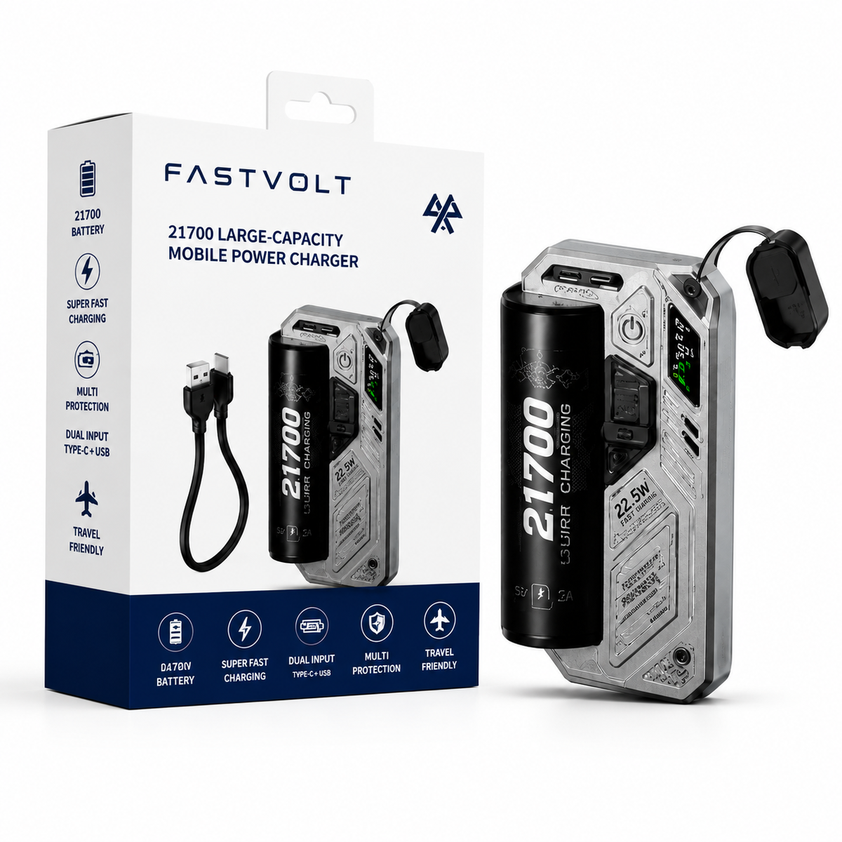FastVolt 21700 power bank with built-in Type-C cable