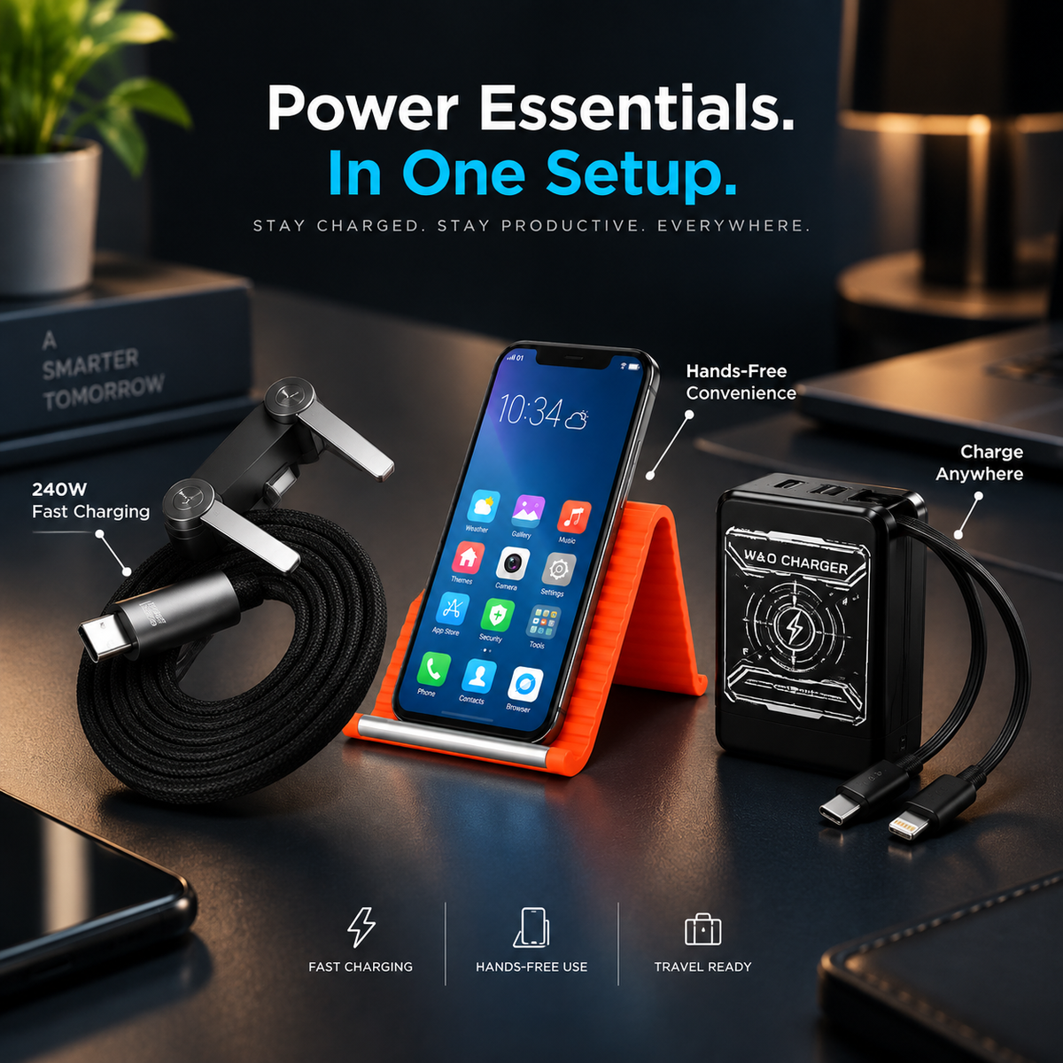 FastVolt Travel Power Trio with charger, cable and phone stand