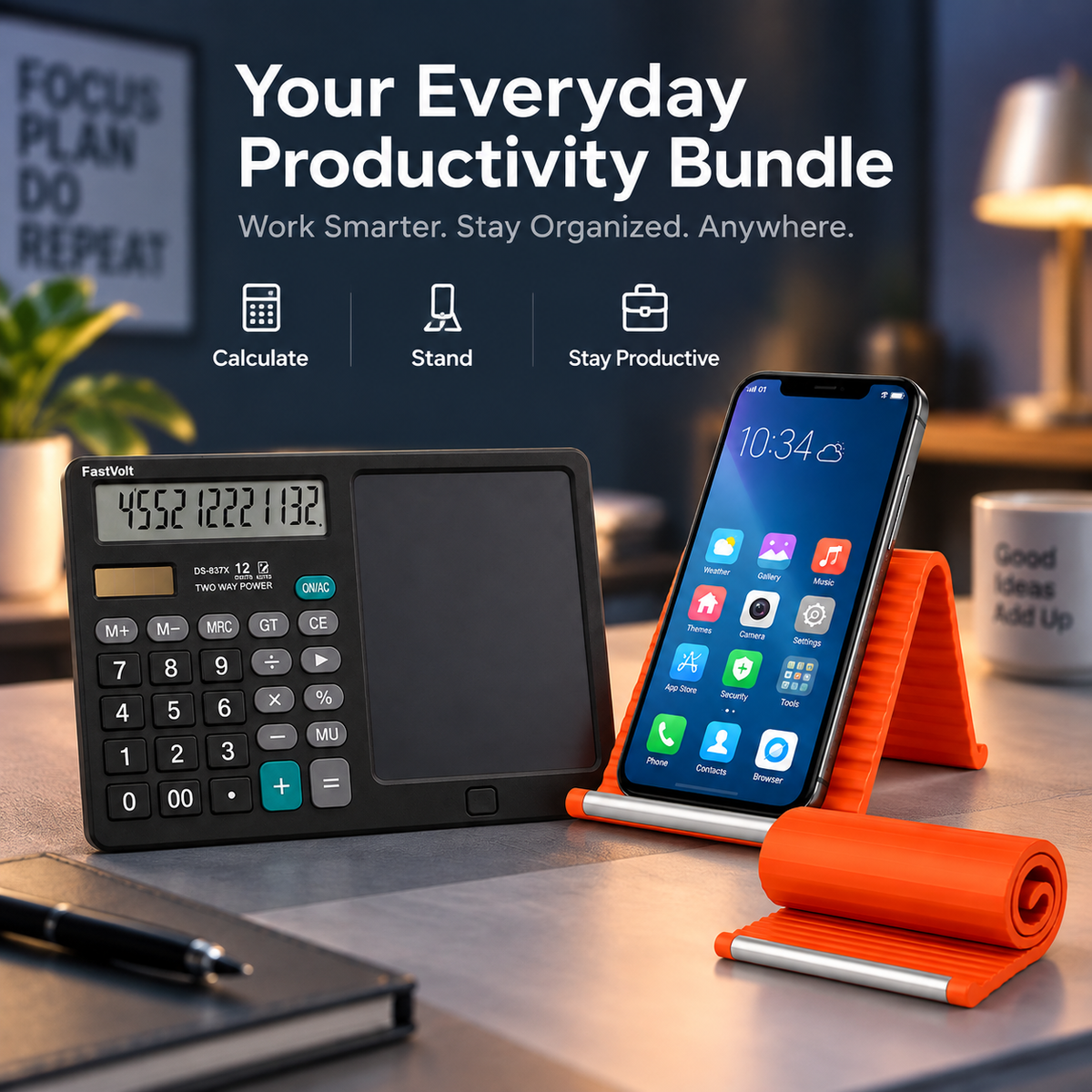 FastVolt Study Desk Duo calculator writing pad and phone stand