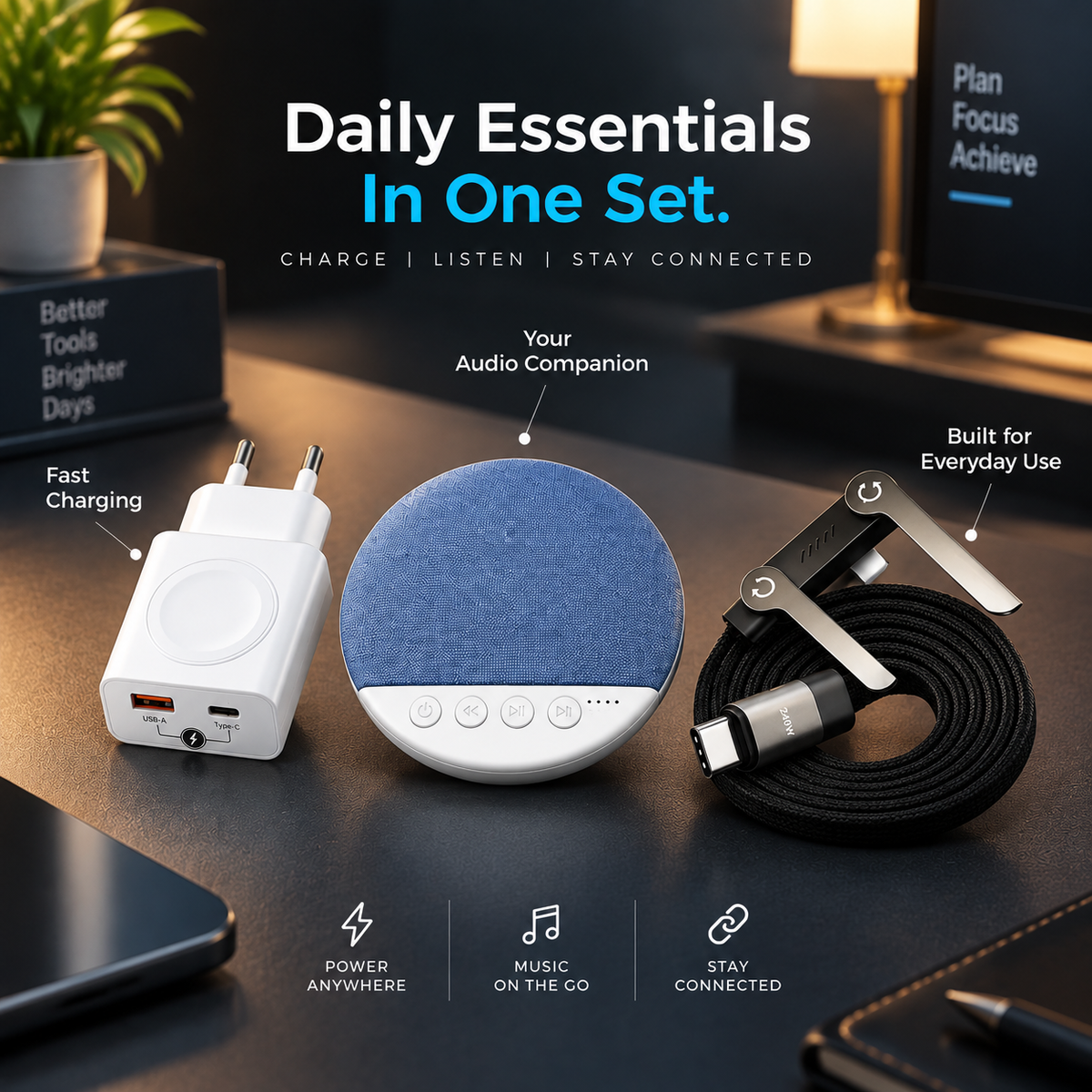 FastVolt Night Comfort Kit with pillow speaker, charger and cable