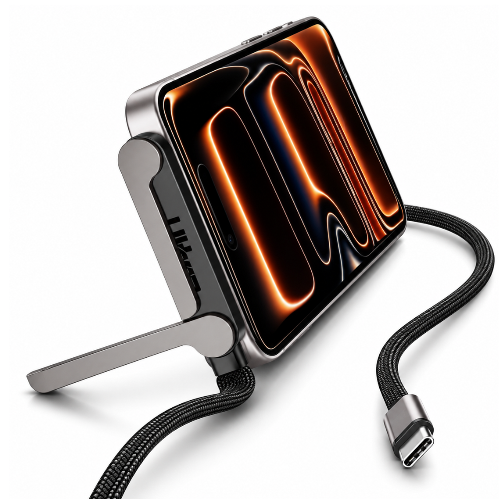 FlexDock braided USB-C cable holding a phone upright while charging