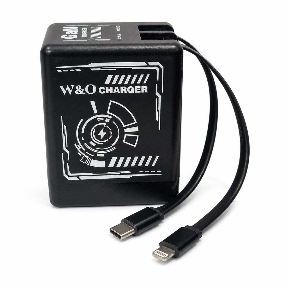 VoltFusion 2-in-1 GaN charger with USB-C and Lightning retractable cables